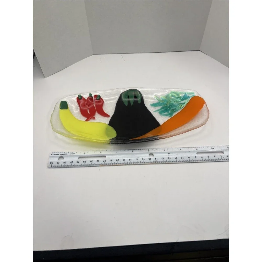Vintage Handmade Fused Glass Platter Veggies Mid-Century  By Wanda Tropea  ‘95